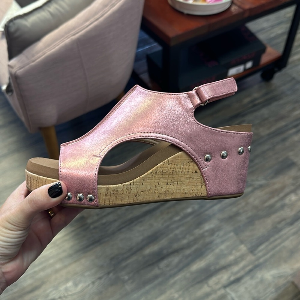 Corkys Pink Metallic Wedges